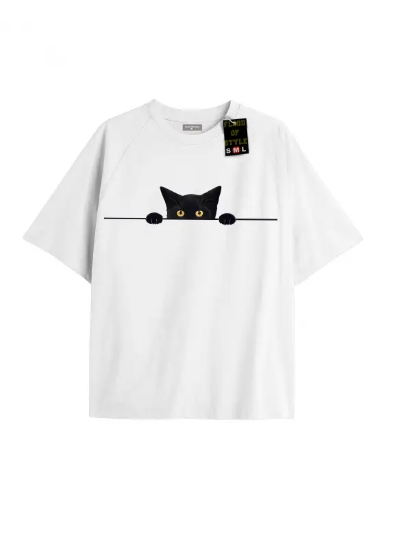 Beyaz Oversize T-shirt kedi Özel tasarım