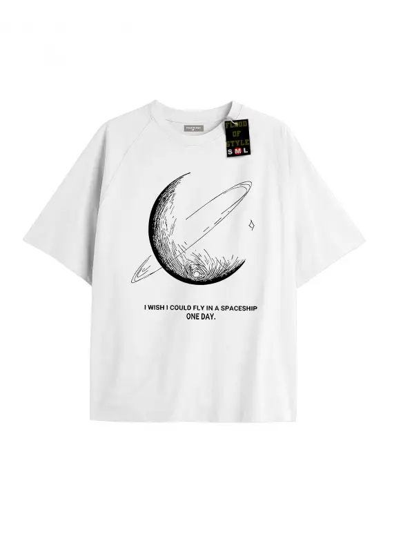 Beyaz Oversize T-shirt keşke bir uzay gemis ile uçabilsem Özel tasarım