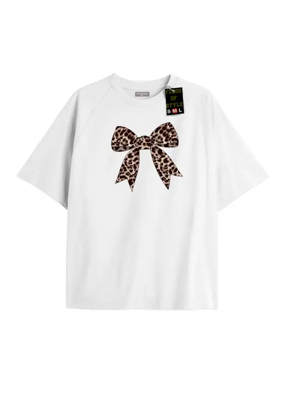 Beyaz Oversize T-shirt leopar kurdale Özel tasarım