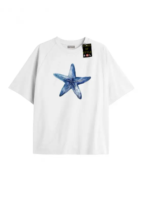 Beyaz Oversize T-shirt mavi Özel tasarım