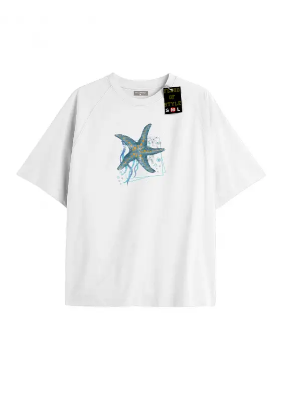 Beyaz Oversize T-shirt mavi yıldız Özel tasarım