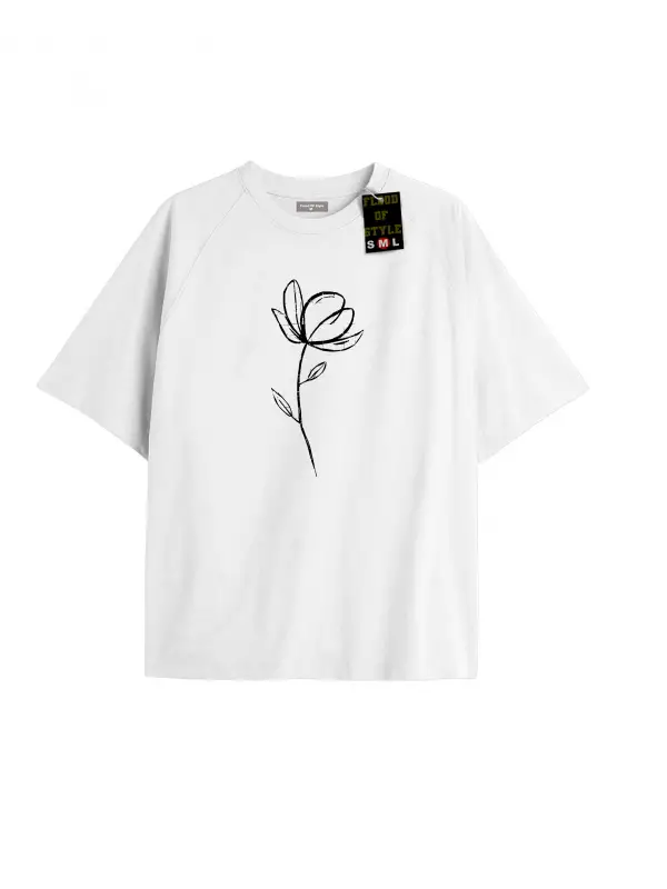 Beyaz Oversize T-shirt minimal gül Özel tasarım