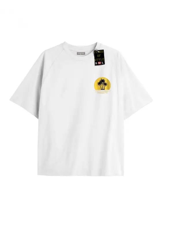 Beyaz Oversize T-shirt minimal güneş ağaç Özel tasarım