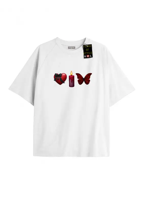 Beyaz Oversize T-shirt mum kalp kelebek Özel tasarım