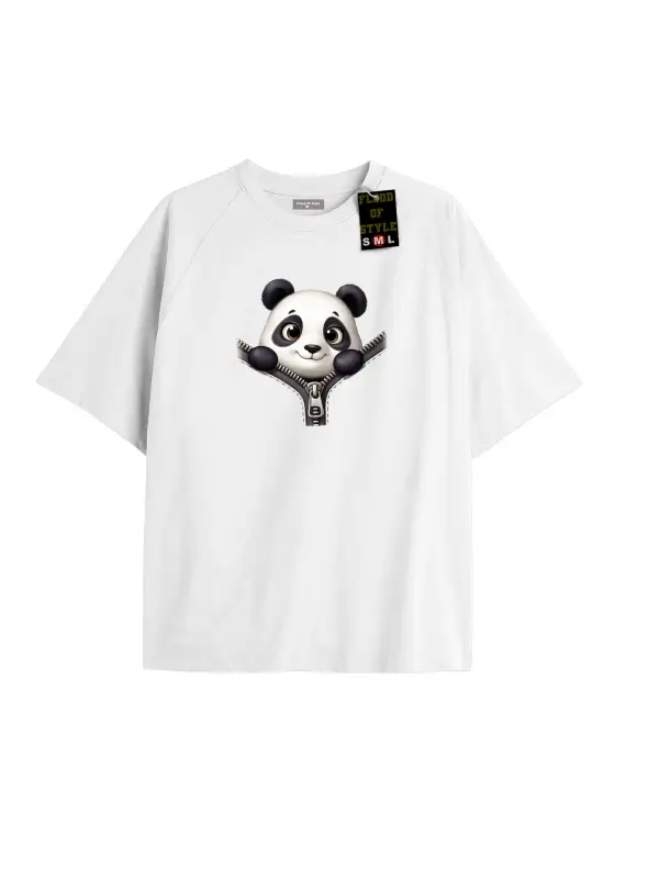 Beyaz Oversize T-shirt panda Özel tasarım