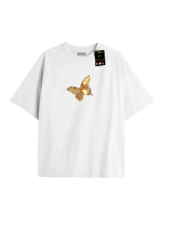 Beyaz Oversize T-shirt sarı kelebek Özel tasarım