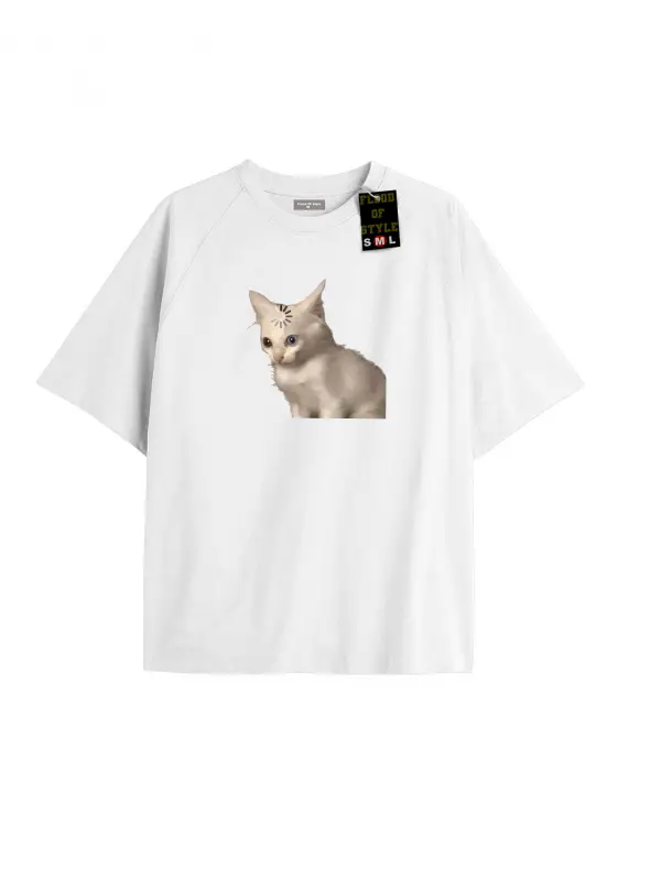 Beyaz Oversize T-shirt şaşkın kedi Özel tasarım