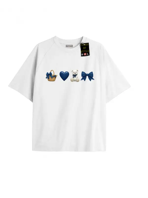 Beyaz Oversize T-shirt sepet ayıcık kalp Özel tasarım