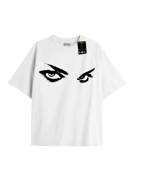 Beyaz Oversize T-shirt sert bakış göz Özel tasarım