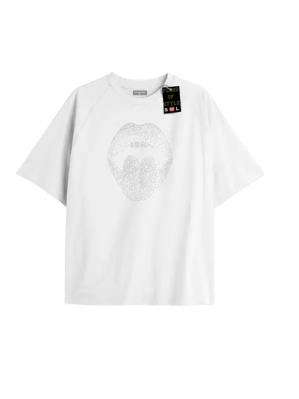 Beyaz Oversize T-shirt taş desenli agız Özel tasarım