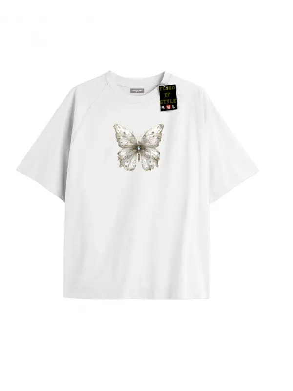 Beyaz Oversize T-shirt taş desenli kelebek Özel tasarım