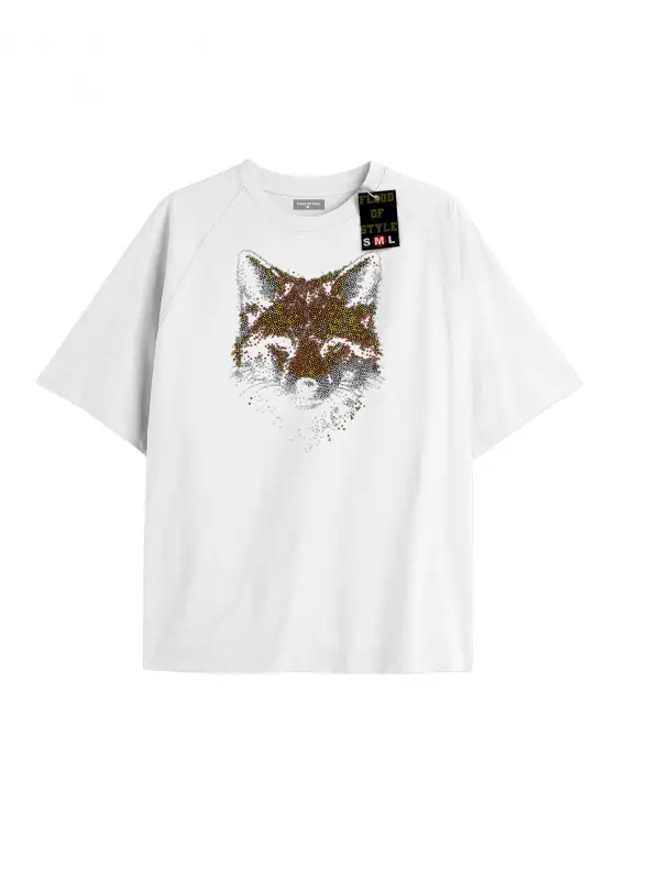 Beyaz Oversize T-shirt taş desenli kurt Özel tasarım