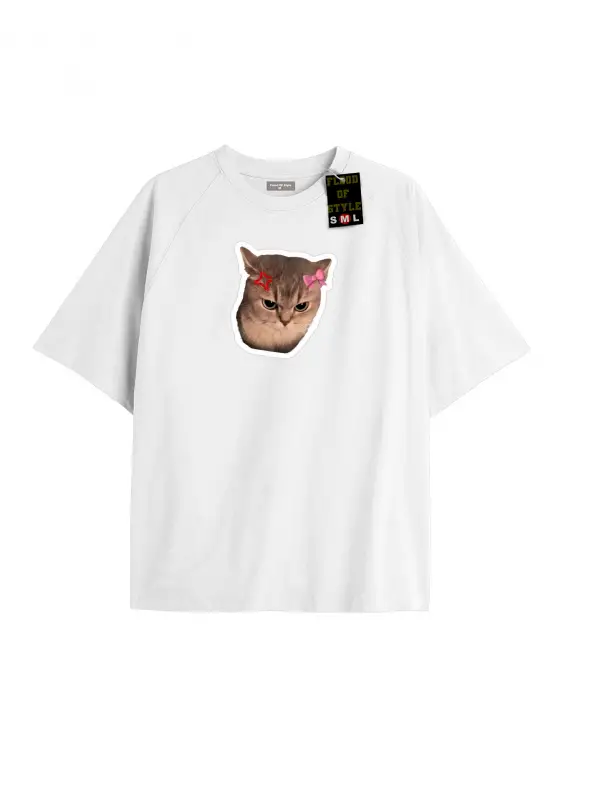Beyaz Oversize T-shirt tatlı kızgın kedi Özel tasarım