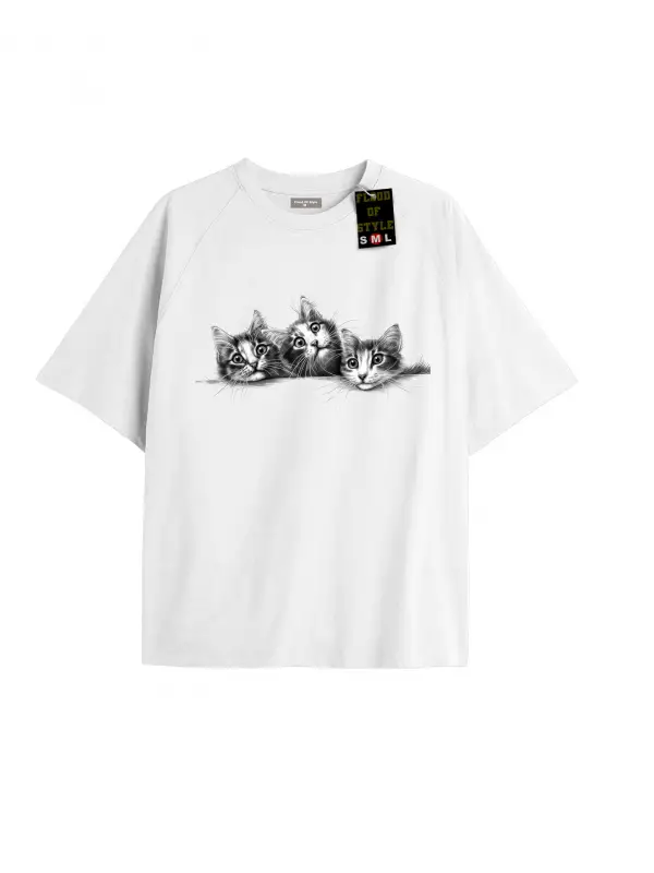Beyaz Oversize T-shirt üçlü kedi Özel tasarım