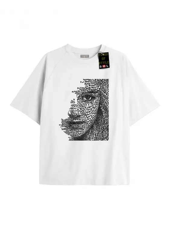 Beyaz Oversize T-shirt yarım yüzz Özel tasarım