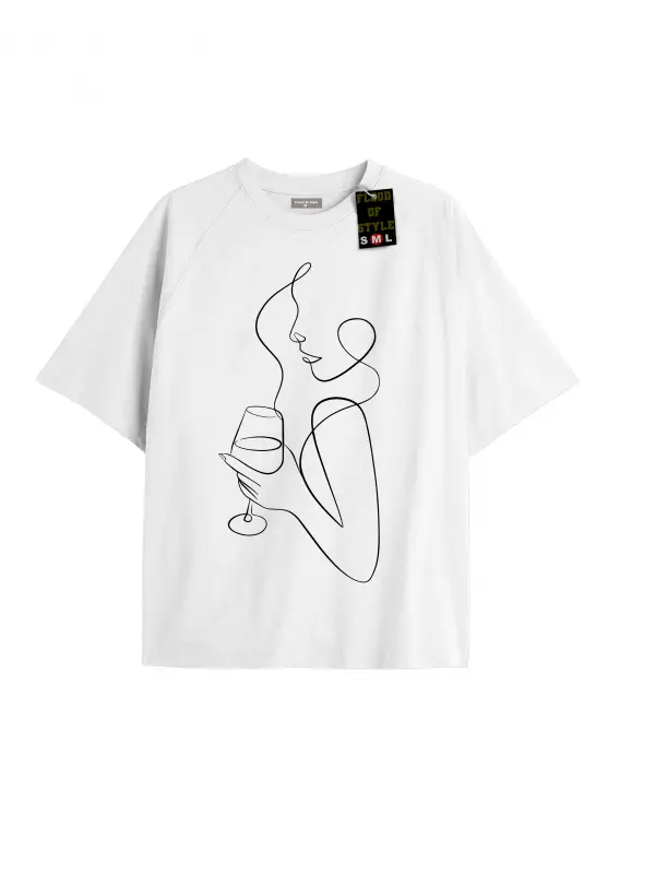 Beyaz Oversize T-shirt yüz baskı çizim Özel tasarım