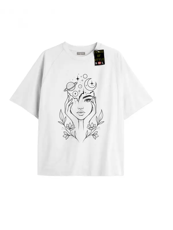 Beyaz Oversize T-shirt yüz çiçek ay çizim Özel tasarım