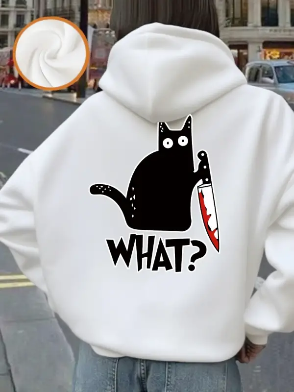 Bıçak Tutan Siyah Kedi Baskılı Kadınlar İçin Rahat Bol Sweatshirt Polar Sıcak Yumuşak Kazak G