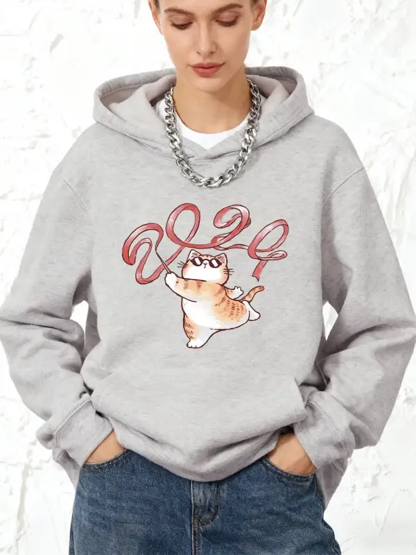 Bir Kedi Kurdele Çıkarıyor 2024 Baskılı Kapüşonlu Üstler Pamuklu Kadın Kışlık Polar Sıcak Kaz