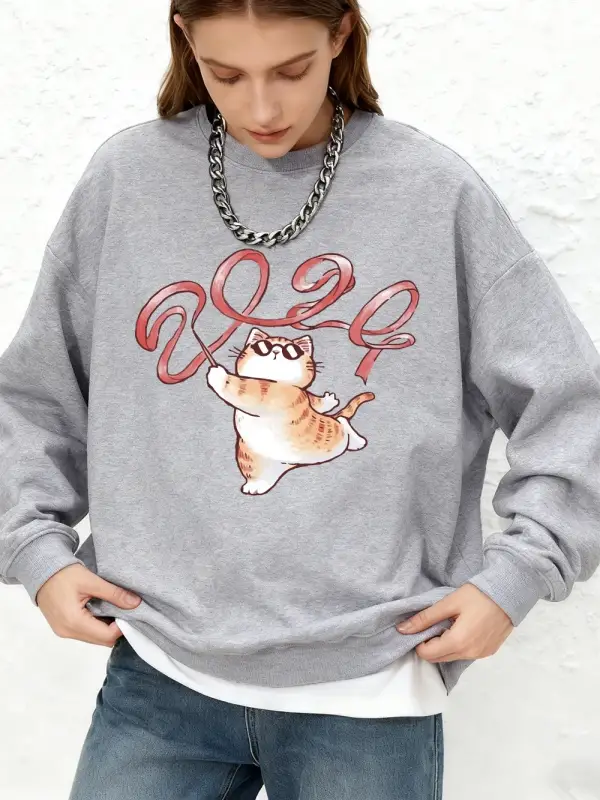 Bir Kedi Kurdele Çıkarıyor 2024 Baskılı Sweatshirt Kadın Günlük Uzun Kollu Yuvarlak Yaka Kapü