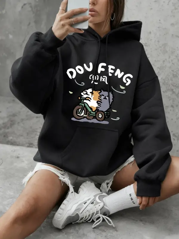 Bisiklete binen kedi baskılı kapüşonlu üstler kadın kışlık polar sıcak tişörtü temel bisiklet