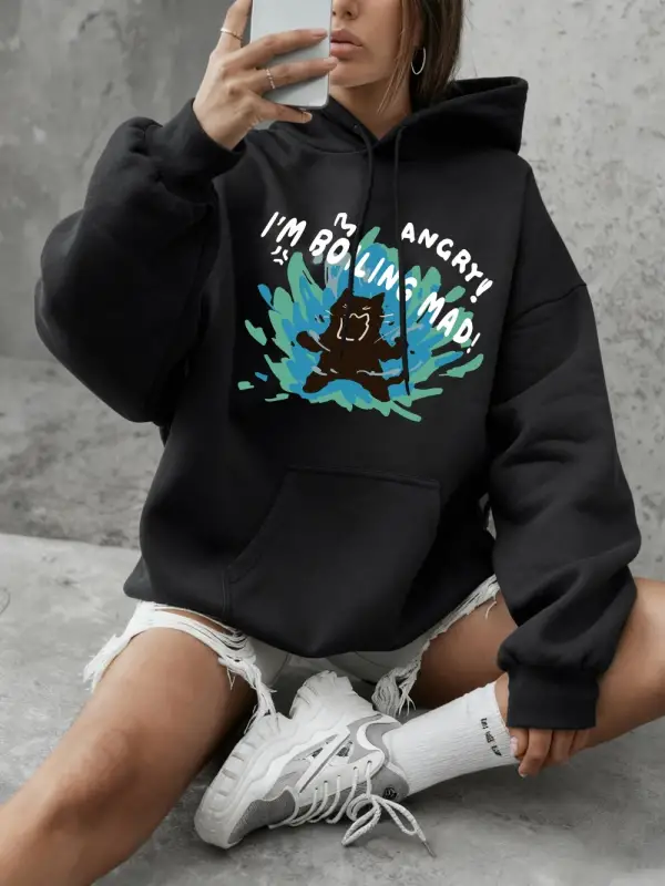 Boiling Mad Angry Cat Baskılı Kapüşonlu Üstler Kadınlar İçin Kışlık Polar Sıcak Sweatshirtler