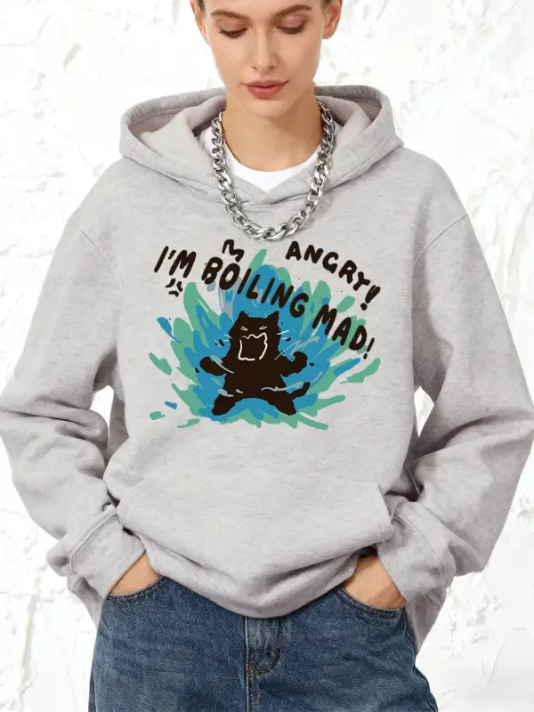 Boiling Mad Angry Cat Baskılı Pamuklu Kapüşonlu Üstler Kadınlar İçin Kışlık Polar Sıcak Sweat