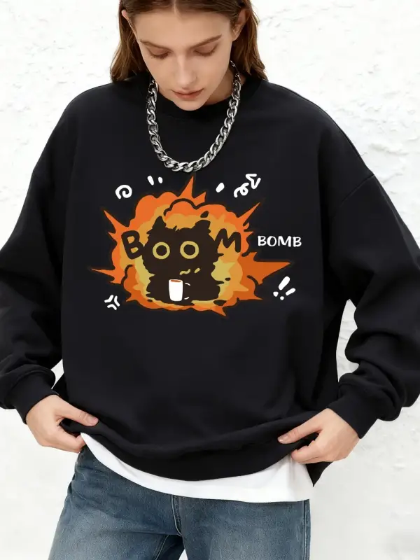 Bomb Boom Kedi Baskı Kapüşonlular Bayan Kış Bisiklet Yaka Büyük Boy Tişörtü Rahat Sıcak Uzun