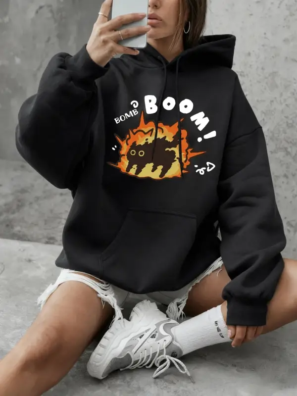 Boom Cat Karikatür Baskılı Kapüşonlu Üstler Kadınlar İçin Kışlık Polar Sıcak Sweatshirtler Ba