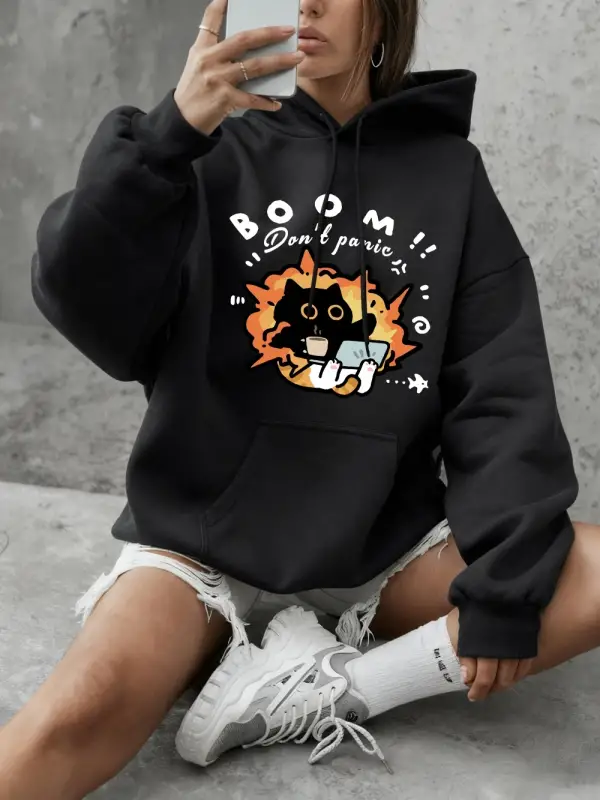 Boom Dont Panic Kedi Baskılı Tişörtü Kadın Kışlık Polar Sıcak Kapüşonlu Üstler Temel Bisikle