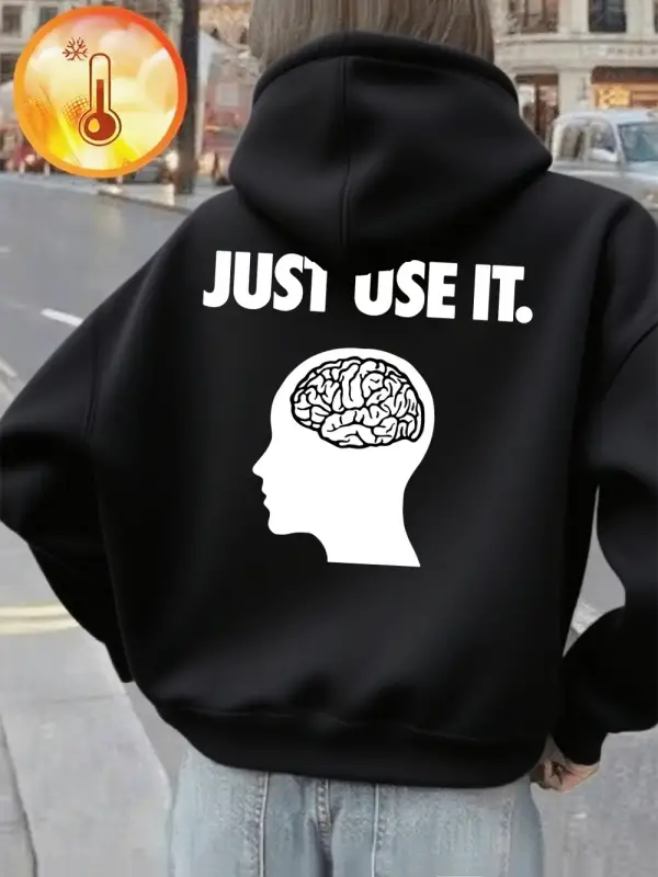 Brain Just Use It Baskılı Kapüşonlu Üstler Kadınlar İçin Rahat Bol Kazaklar Temel Cepli Sweat