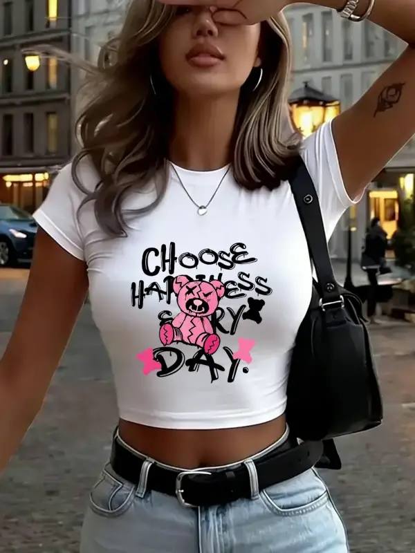 Broken Bear Baskılı Kadın Babby Tees Yaz Yüksek Elastik Yumuşak Tişörtler İnce Kısa Kollu Tişö