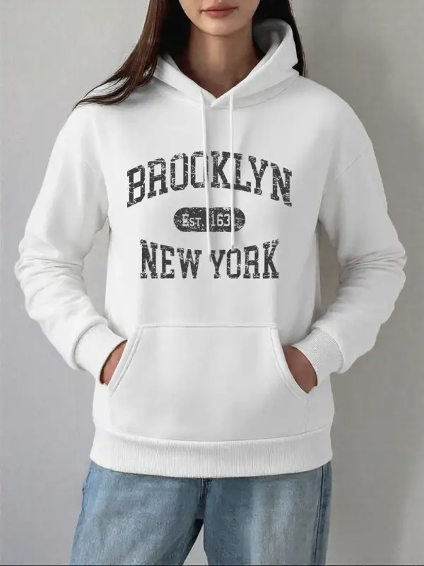 Brooklyn Est 1631 New York Baskı Kapüşonlular Bayan Kış Polar Kazak Moda Cep Kazak Rahat Raha