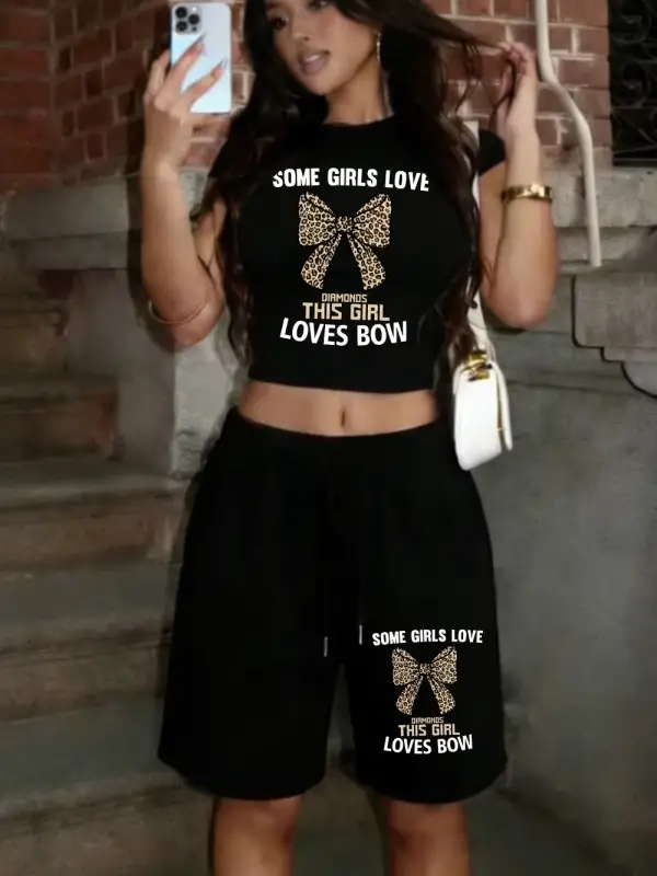 Bu Kız Yay Baskılı Babby TeeT-Shirt Şort Yaz İki Parçalı Set Üstleri Pantolon Sıcak Tatlı İpli Bü