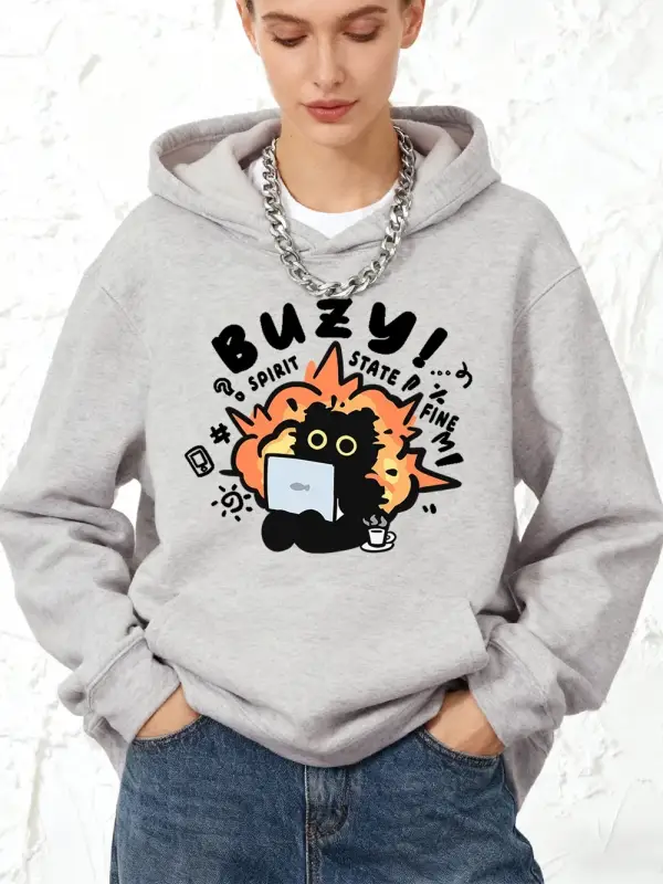 Busy Spirit State Cat Baskılı Kapüşonlu Sweatshirtler Pamuklu Kadın Sporcu Bol Kesim Kazak Kı