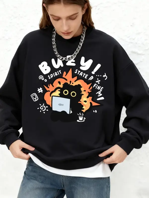 Busy Spirit State Kedi Baskılı Sweatshirt Kadın Günlük Uzun Kollu Bisiklet Yaka Kapüşonlu Son