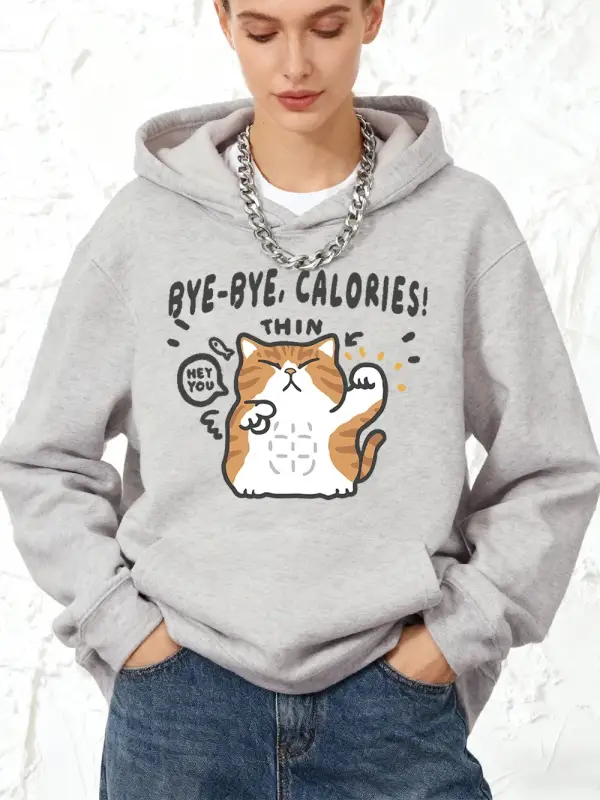 Bye-Bye Calories Kedi Baskılı Kapüşonlu Üstler Pamuklu Kadın Kışlık Polar Sıcak Kazak Jogging