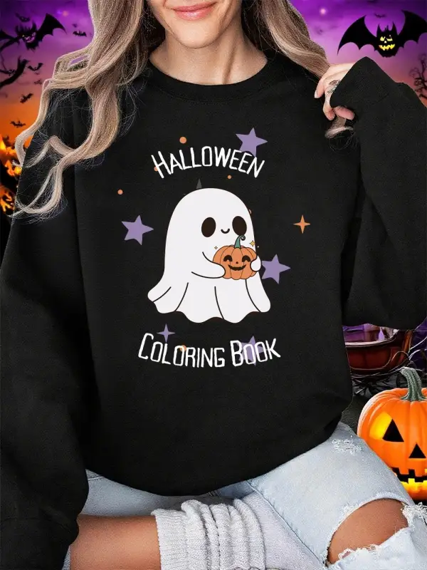 Cadılar bayramı Boyama Kitabı Baskı Tişörtü Kadın Kış Polar Sıcak Hoodie O-Boyun Gevşek Kazak