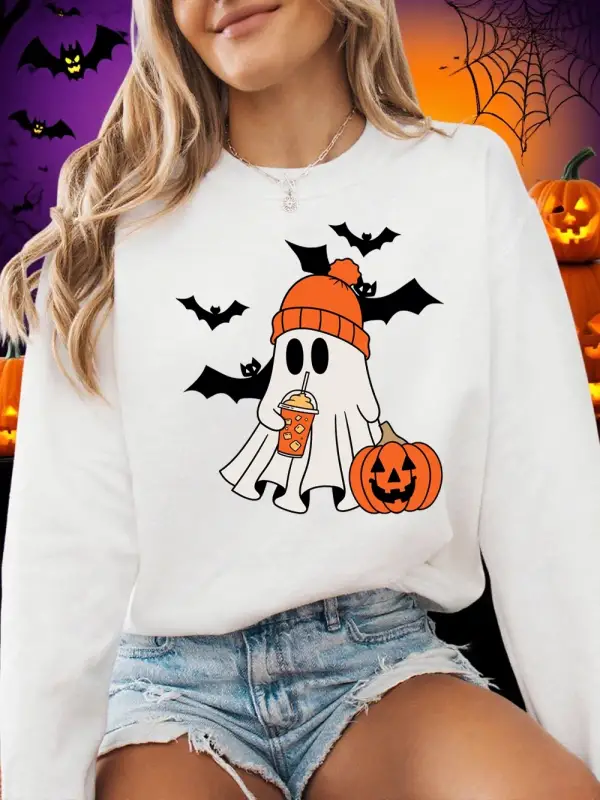 Cadılar bayramı Hayalet Yarasa Kabak Baskılar Kazak Kadın Kış Polar Sıcak Hoodie Crewneck Gev