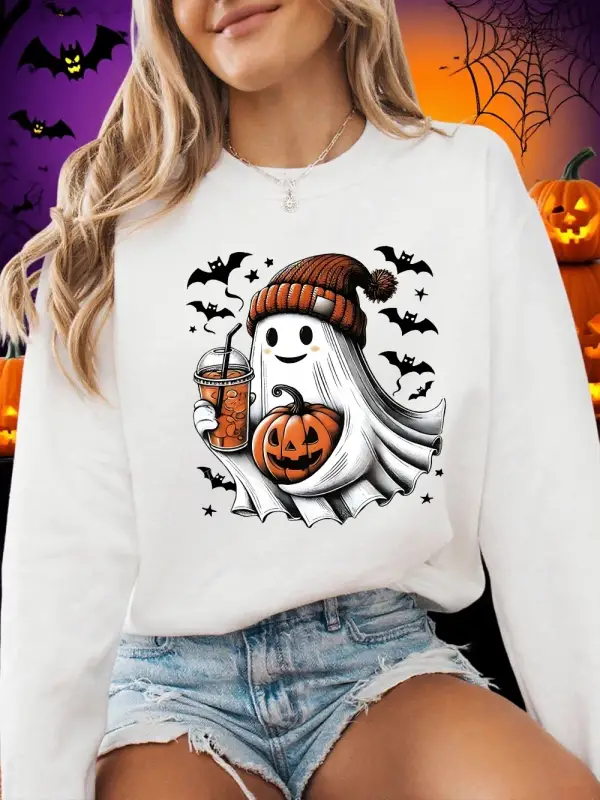 Cadılar bayramı Kazak Kadın Hayalet Yarasa Ve Kabak Baskı Hoodie Polar Sıcak Bisiklet Yaka Ge