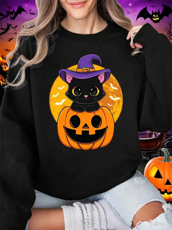 Cadılar bayramı Sevimli Yavru Kedi Ve Kabak Baskılar Tişörtü Kadın Kış Polar Sıcak Hoodie Cre