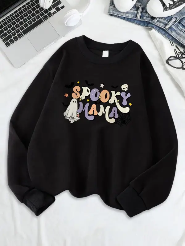 Cadılar bayramı Spooky Mama Baskı Tişörtü Bayan Polar Sıcak Gevşek Kapüşonlular Crewneck Teme