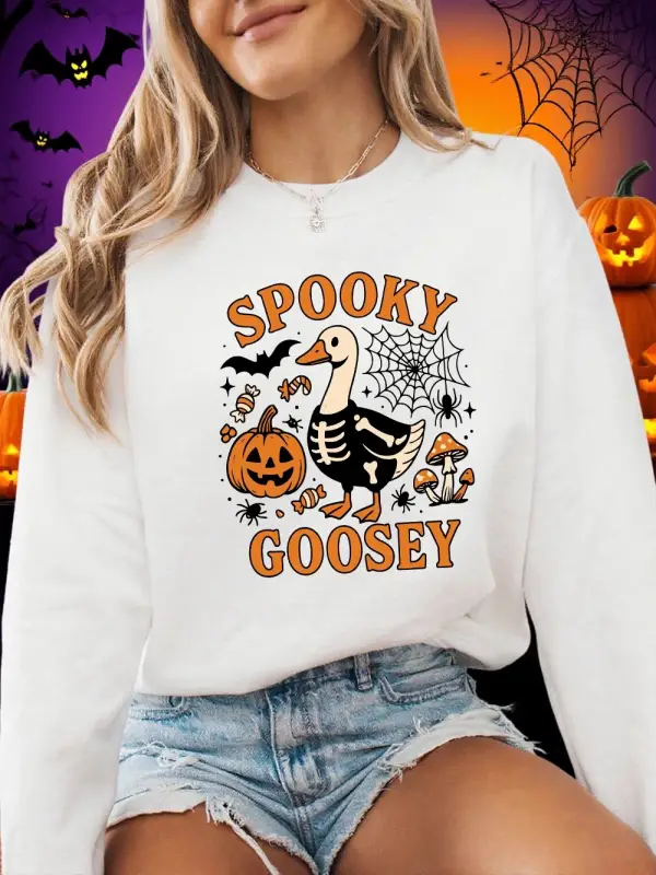 Cadılar bayramı Tişörtü Bayan Spooky Goosey Baskı Kapüşonlular Gevşek Polar Sıcak Bisiklet Ya