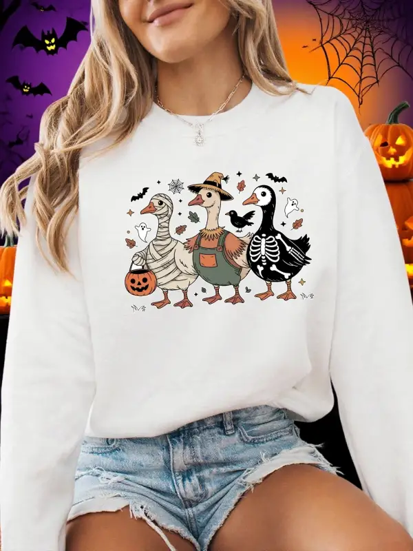 Cadılar bayramı Tişörtü Bayan Spooky Goosey Baskı Kapüşonlular Polar Sıcak Bisiklet Yaka Gevş