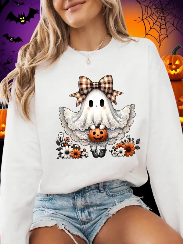 Cadılar bayramı Tişörtü Kadın Dantel Elbise Ve Yay Hayalet Baskılı Kapüşonlular Polar Yumuşak