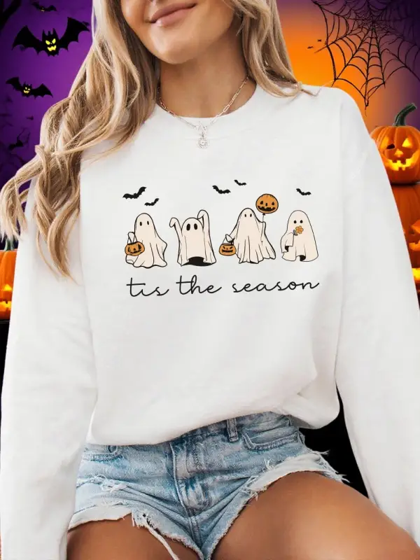 Cadılar bayramı tişörtü kadın Tis The Season hayalet baskılı kapüşonlu svetşörtler bisiklet y