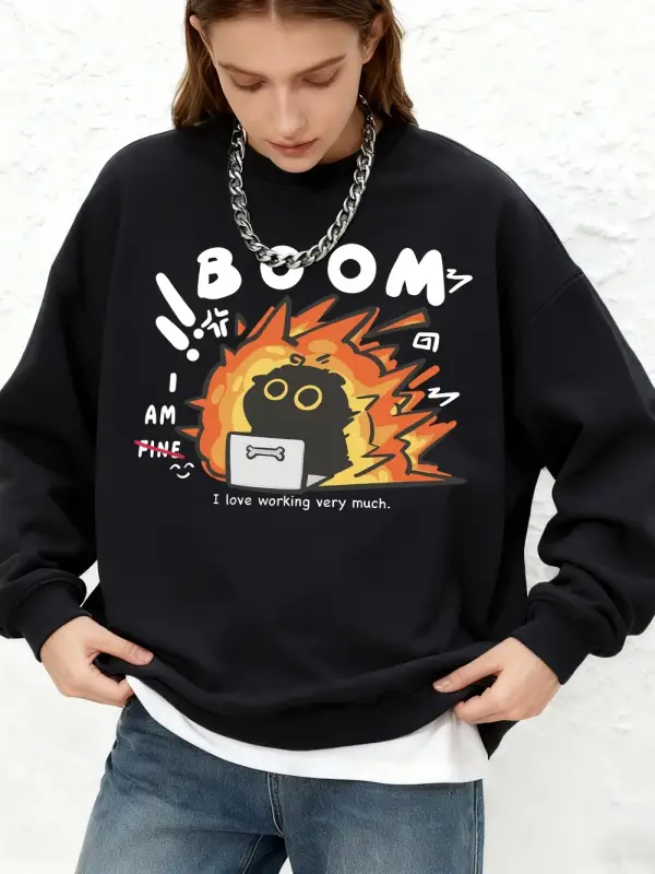 Çalışmayı Seviyorum Kedi Baskılı Sweatshirtler Kadın Sonbahar Uzun Kollu Yuvarlak Yaka Kapüşo