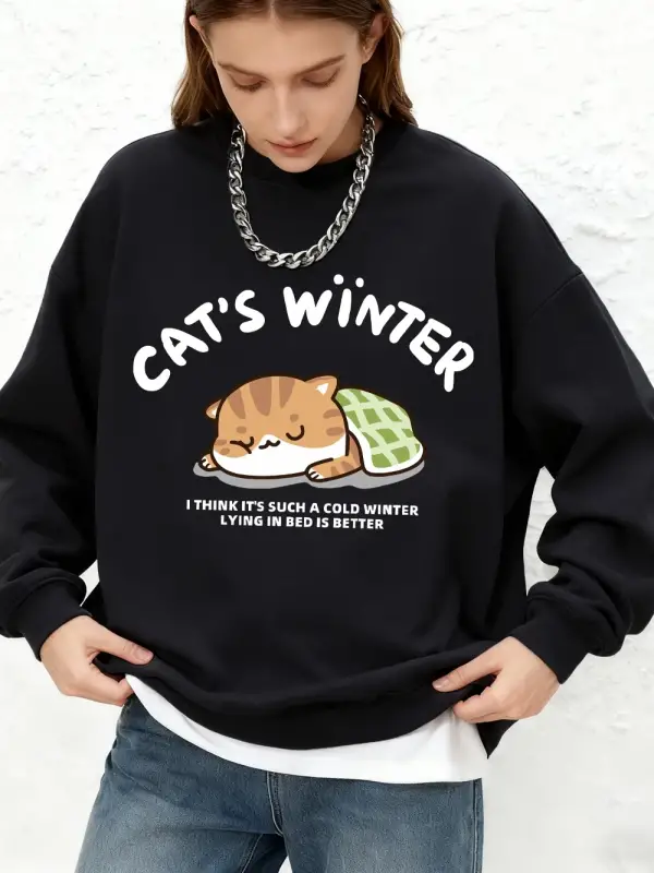 CatS Winter Sleeping Prints Kapüşonlular Bayan Temel Sıcak Uzun Kollu Kazak Jogger Bisiklet