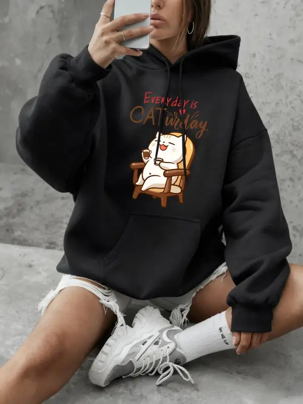 Cat Widay Coffee Happy Cats Baskılı Kapüşonlu Üst Bayan Günlük Bol Sweatshirt Kışlık Polar Sı