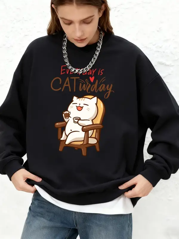 Cat Widay Coffee Happy Cats Baskılı Tişörtü Bayan Sonbahar Uzun Kollu Bisiklet Yaka Kapüşonlu